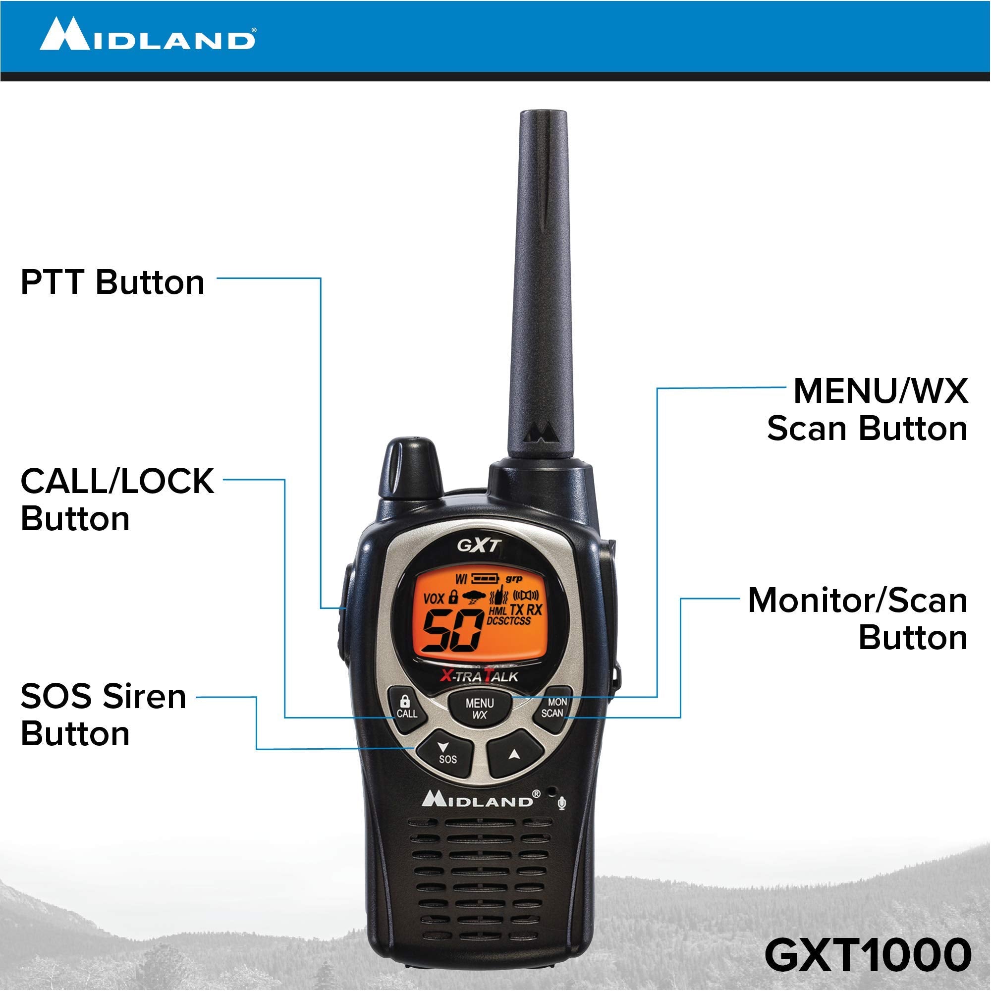 Midland Gxt1000Vp4 50 Channel Gmrs Two Way Radio   Up To 36 Mile Range Walkie Talkie   Black/Silver (Pack Of 4)